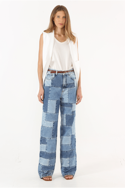 Calça Wide Leg Jeans Patch Framed - Azul