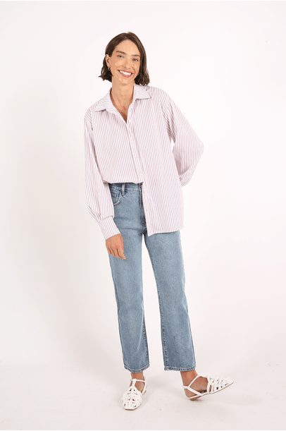 Camisa Oversized Listrada Vic  - Vermelho