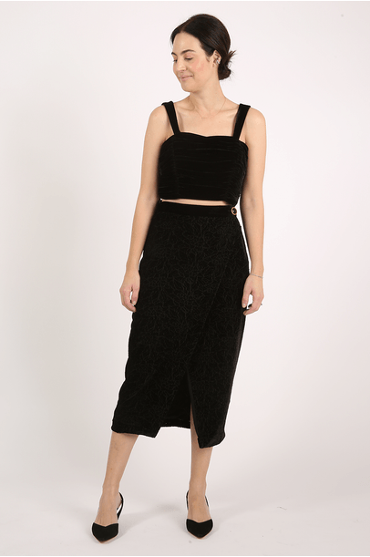Saia Midi Veludo Jacquard  - Preto