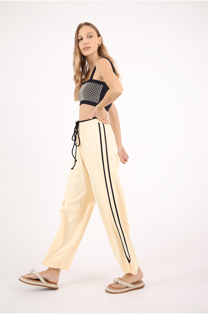 Calça Tricot Bicolor Com Tubulares Bege Coven - Bege