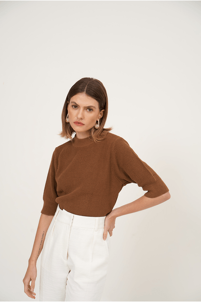 Blusa Tricot Mc Di Base Clemence - Marrom