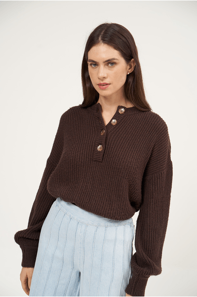 Blusa Tricot Botoes Pulsanti Clemence   - Marrom