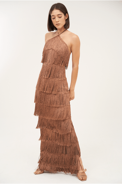 Vestido Longo Classico Franjas Marrom Blforyou - Marrom