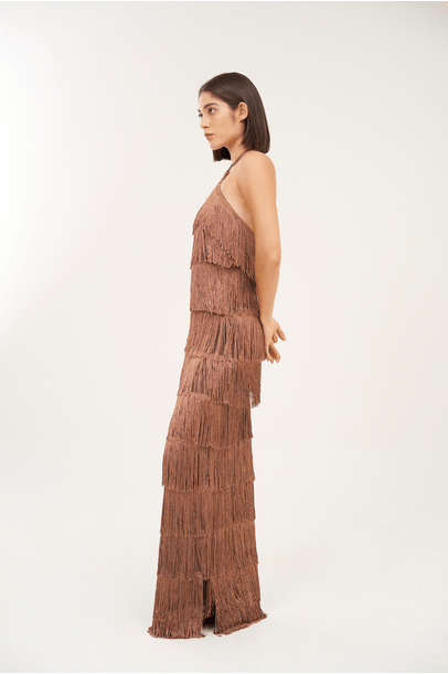 Vestido Longo Classico Franjas Marrom Blforyou - Marrom