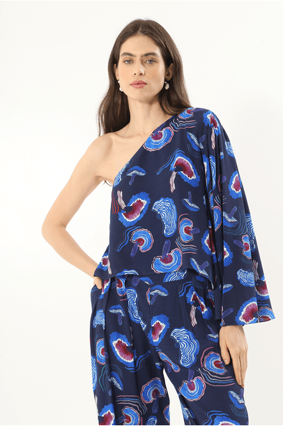 Blusa One Shoulder Mushroom Marinho Niini - Marinho