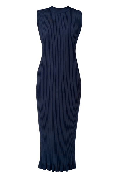 Vestido Tricot Canelado Babado Marinho Coven - Marinho