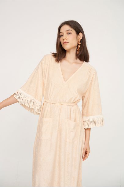 Vestido Atoalhado Franja Bege Missinclof - BEGE