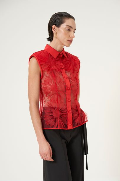Camisa Aplicação Flor Sem Manga De Tule Gloria Coelho - Vermelho