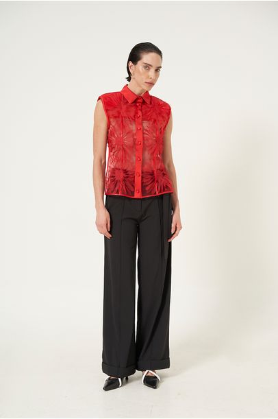 Camisa Aplicação Flor Sem Manga De Tule Gloria Coelho - Vermelho