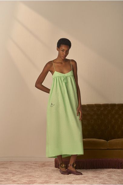 Vestido Linho Bordado Paula Raia - VERDE