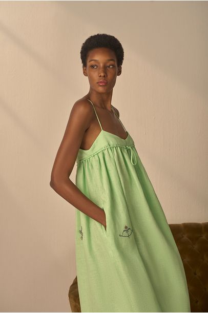 Vestido Linho Bordado Paula Raia - VERDE