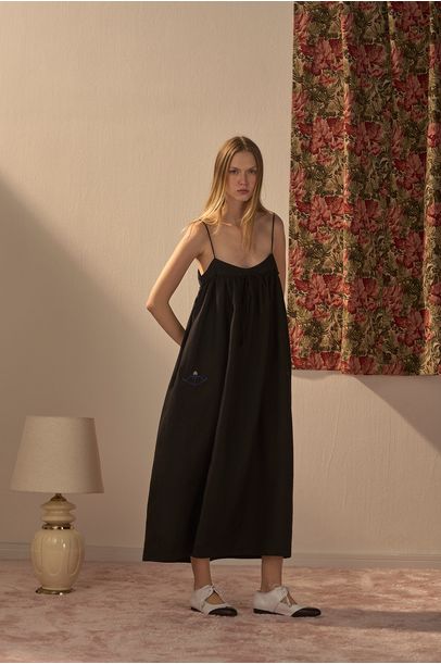 Vestido Linho Bordado Paula Raia - PRETO