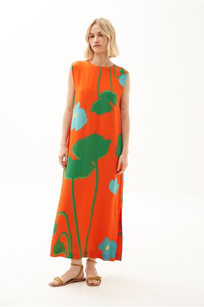 Vestido Midi Fenda Coral Flores Marina Cechi - LARANJA