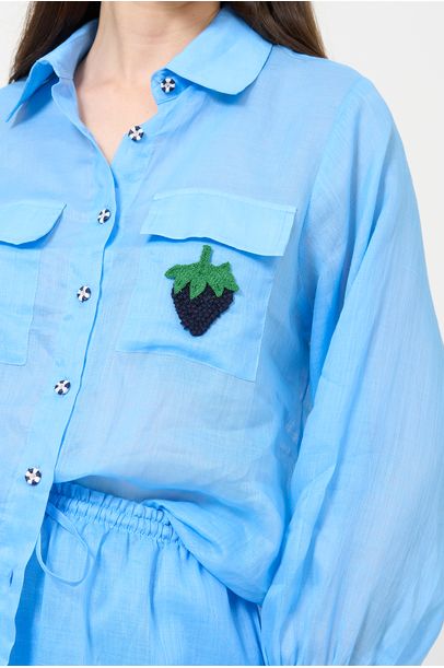 Camisa Voil Linho Bordado Missinclof - AZUL