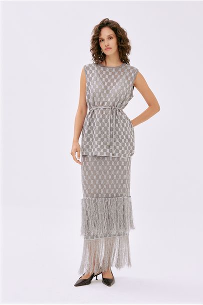 Saia Midi Franjas Jacquard Gig - PRATA