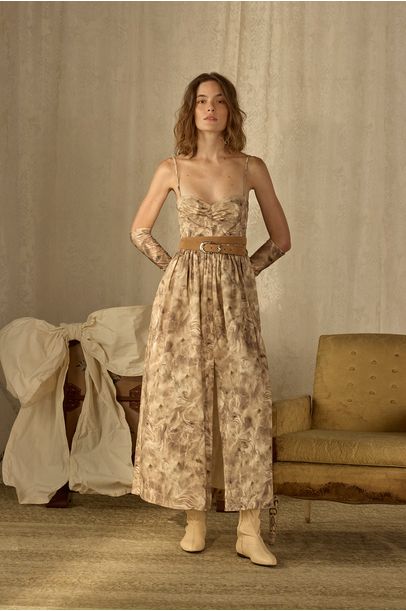 Vestido Longo Gabardine Pedras Paula Raia - BEGE