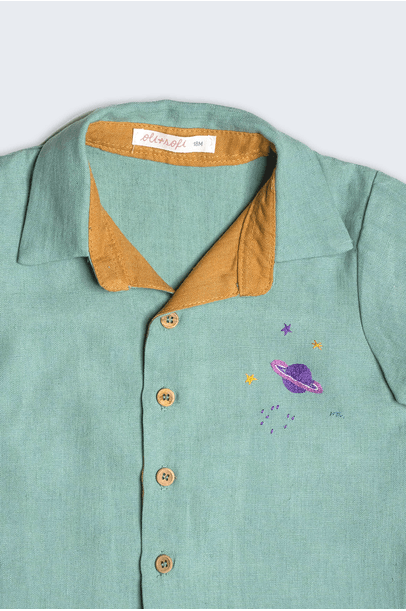 Camisa Astro Linho Laguna Bordado Planeta Oli+Sofi - Azul