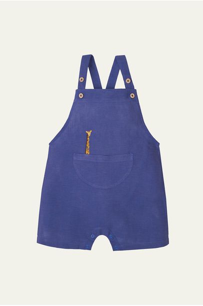 Macacão Bem Linho Azul Carbono Bordado Girafa Oli + Sofi - Azul