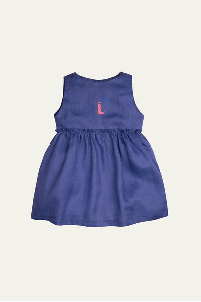 Vestido Mel Linho Azul Carbono Bordado Suricata Oli + Sofi - Azul