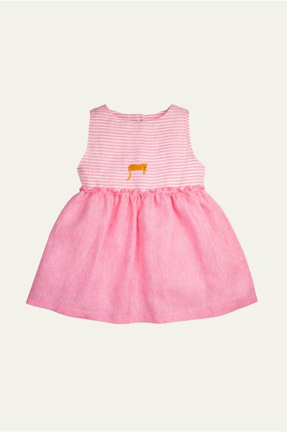 Vestido Mel Linho Rosa Listrado Bordado Onça Oli + Sofi - Rosa