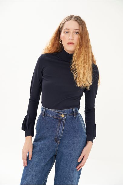 Blusa Ml Tricot Babado Coven - MARINHO