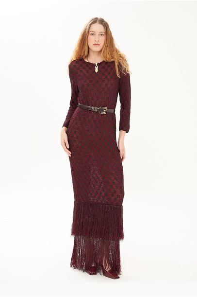 Vestido Midi Franjas Jacquard Gig - VINHO