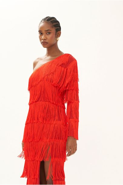 Vestido Ombro Franjas Vermelho Blforyou - VERMELHO