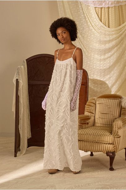 Vestido Longo Cotton Bordado Pompom Paula Raia - BRANCO