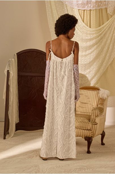 Vestido Longo Cotton Bordado Pompom Paula Raia - BRANCO
