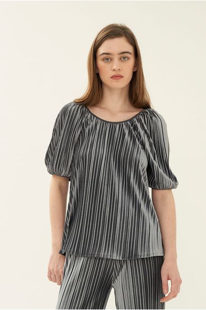 Blusa Manga Curta Plissada Missinclof - PRATA