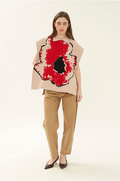 Poncho Tricot Jacquard Winter Flower Modem - VERMELHO