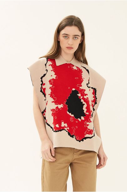 Poncho Tricot Jacquard Winter Flower Modem - VERMELHO
