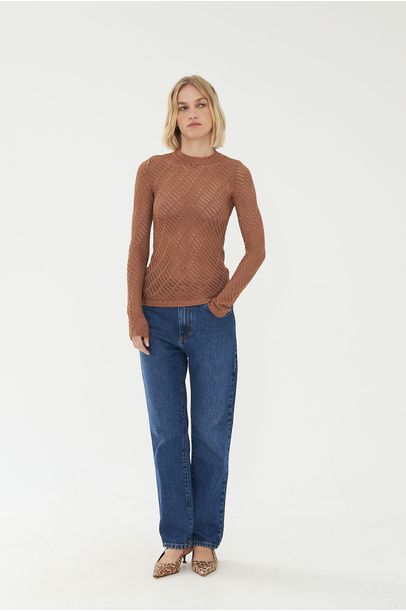 Blusa Manga Longa Rendada Bege Gaitee - BEGE