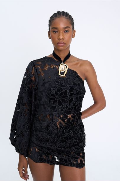 Vestido Renda Drape Mini  A.Lém - PRETO