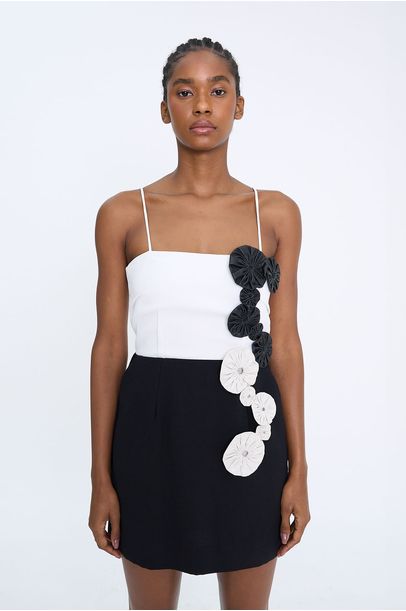 Vestido Crepe Com Fuxico Mini A.Lém - PRETO E BRANCO