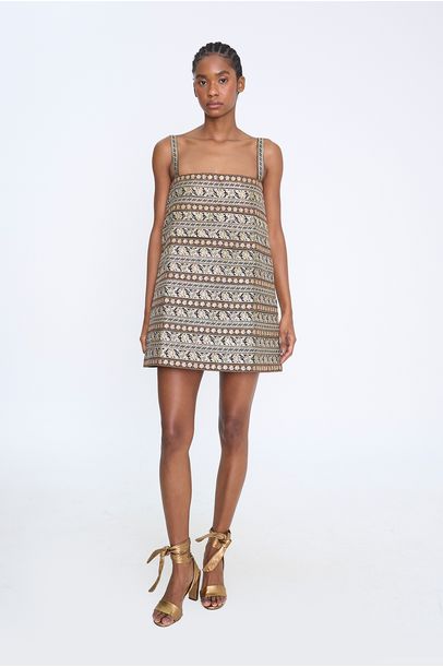 Vestido Mini Fitas Floridas Em Jacquard Laura Cangussu - MULTICOLORIDO