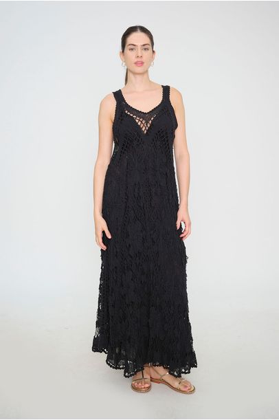 Vestido Longo Renda Filé Kontenta - PRETO