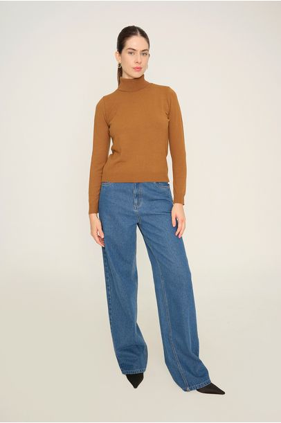 Blusa Manga Longa Tricot Canelada Valônia Véras - MARROM