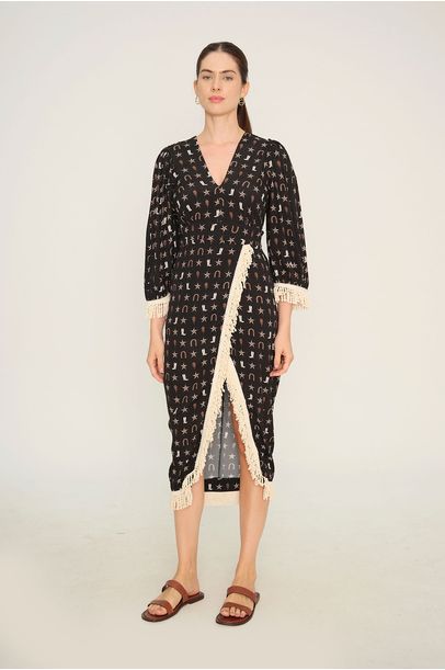 Vestido Midi Franja Estampa Valônia Véras - PRETO