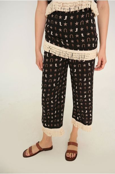 Calça Pantacourt Franja Estampa Valônia Véras - PRETO