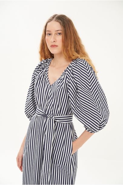 Vestido Bufante Olivia Listrado Off-White/Marinho Olive You - Multicolorido