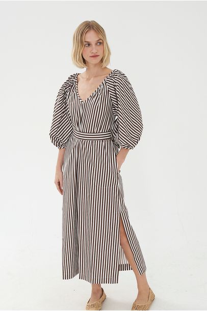Vestido Bufante Olivia Listrado Olive You - Marrom
