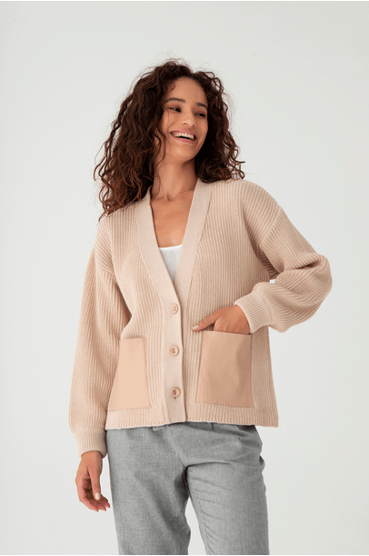 Cardigan Bolso Couro Areia Cabana - Nude
