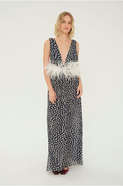 Vestido Longo Plumas Pois Adriana Degreas - AZUL