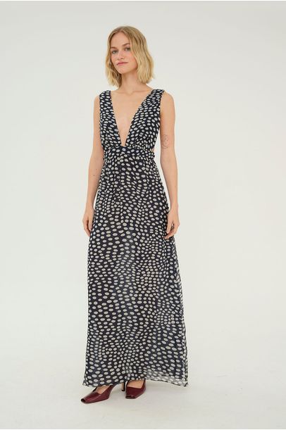 Vestido Longo Plumas Pois Adriana Degreas - AZUL