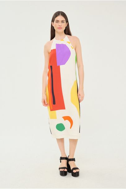 Vestido Midi Frente Única Crepe Seda Marina Cecchi - BRANCO