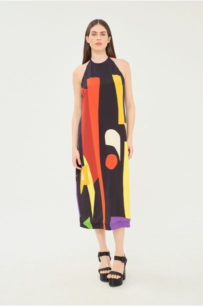 Vestido Midi Frente Única Crepe Seda Marina Cecchi - PRETO