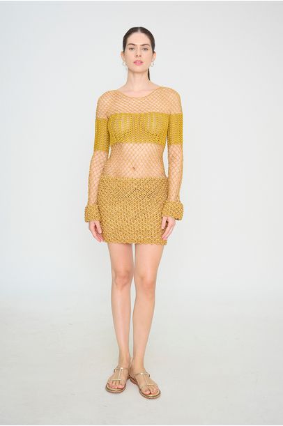 Vestido Mini Escamas em Crochê Kontenta - DOURADO