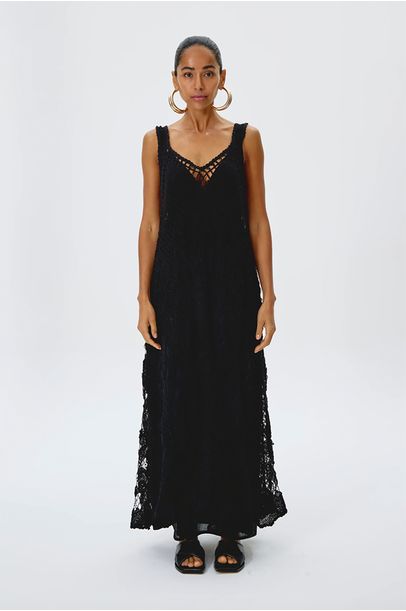 Vestido Longo Renda Filé Kontenta - PRETO