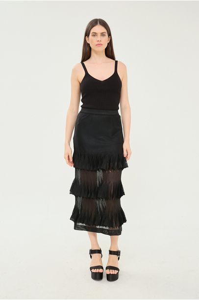Saia Midi Tricot Babado Coven - PRETO